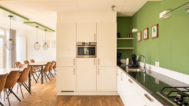 A modern kitchen with white cabinets, a built-in oven, and a green accent wall. - Detached bungalow for 14 persons (Vlagtwedde)