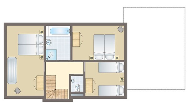 Plano de planta de una habitación de hotel con baño, kitchenette, sala de estar y dormitorio.