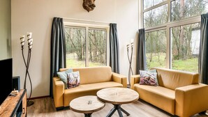 Una habitación con dos sofás, televisión y chimenea.