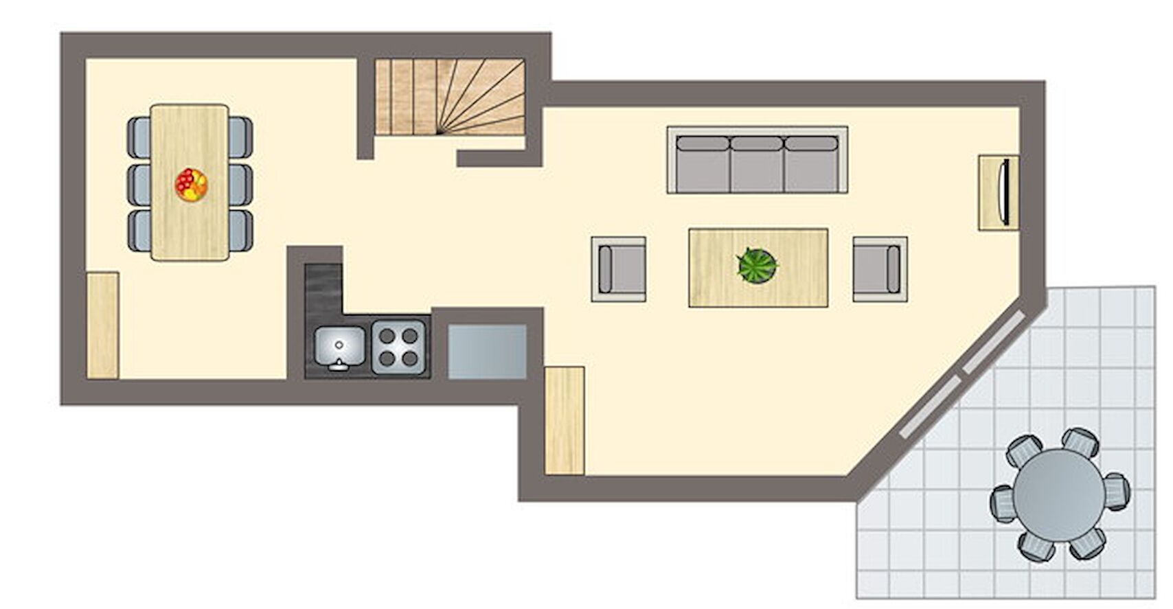 Plan d’étage d’une chambre d’hôtel comprenant un coin repas, une kitchenette et un petit espace salon.