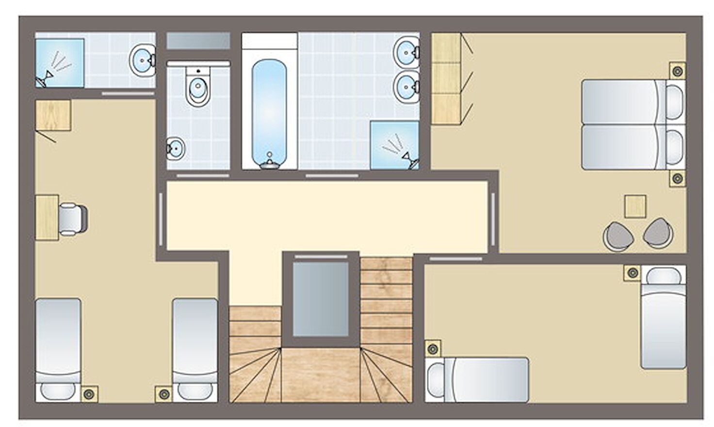 A hotel room layout with a bathroom, kitchenette, and a seating area.