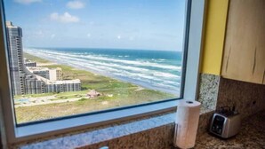 Una cocina con vista al océano, un rollo de toallas de papel y un tostador.