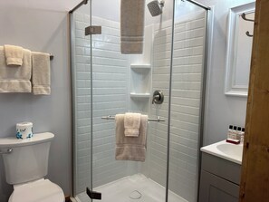 Hair dryer, towels, shampoo