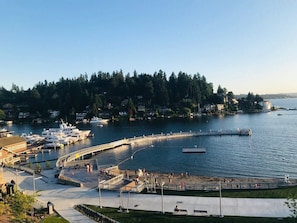 A marina with boats, a pedestrian walkway, and a park area with benches.