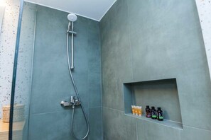 Shower, hair dryer, towels, shampoo