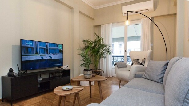 Een moderne woonkamer met een grijze bank, een zwarte televisiemeubel, een televisie, een potplant en een klein houten tafeltje.