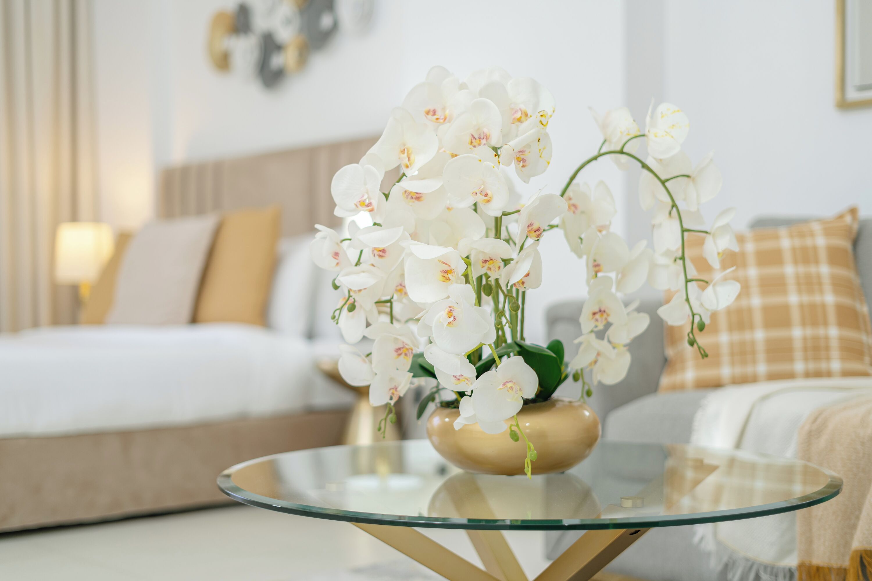 A modern hotel room with a glass coffee table, a white orchid arrangement, and a bed with beige and white bedding.