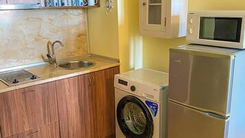 Fridge, microwave, oven, electric kettle