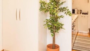 Et værelse med et hvidt skab, en potteplante og et køkken i baggrunden.