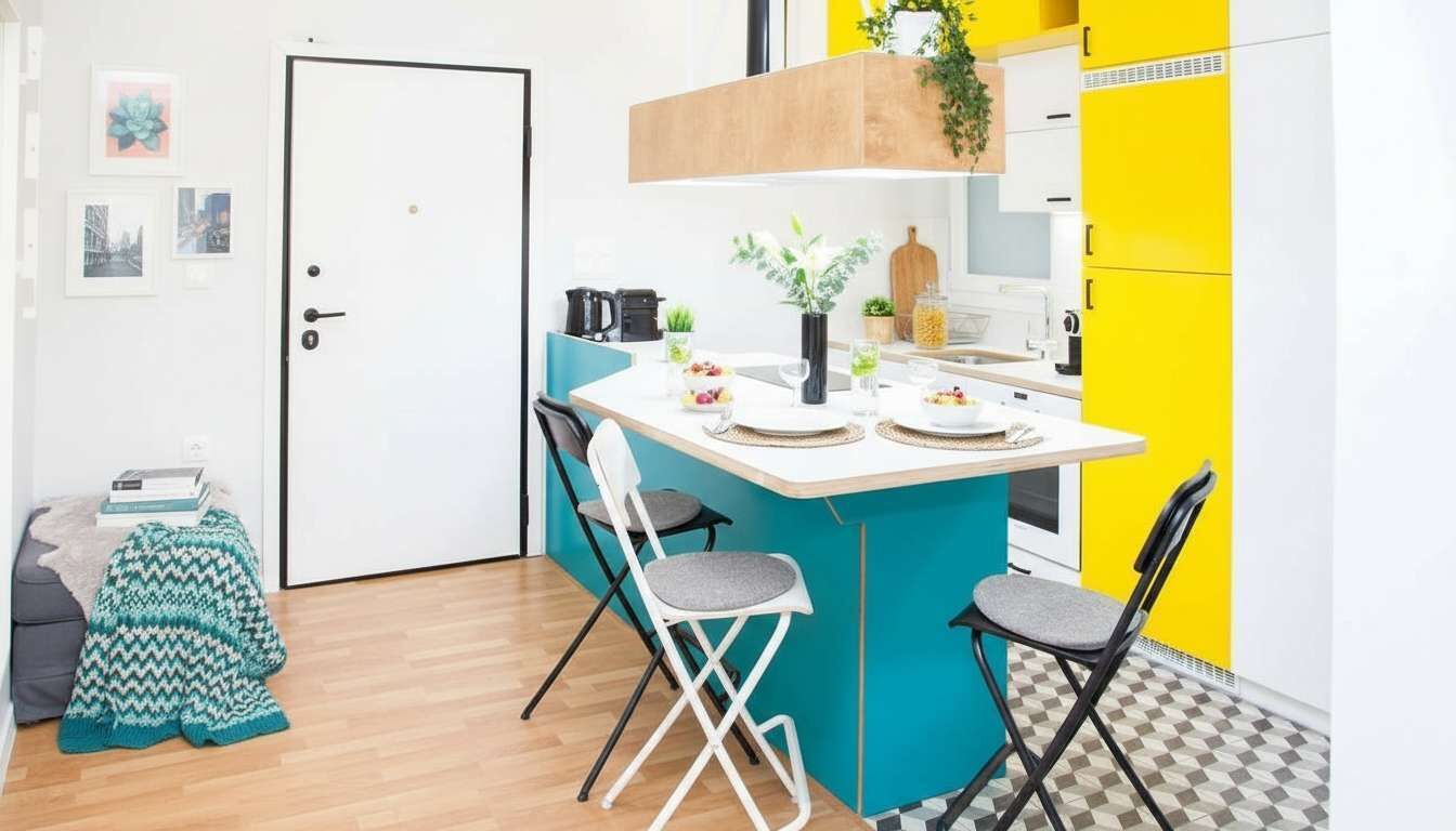 Une cuisine compacte avec un îlot central, deux tabourets de bar et une petite table à manger.