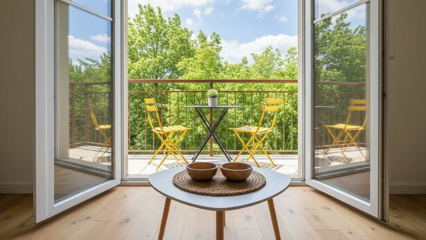 A room with a large sliding glass door leading to an outdoor balcony with yellow chairs and a small table.