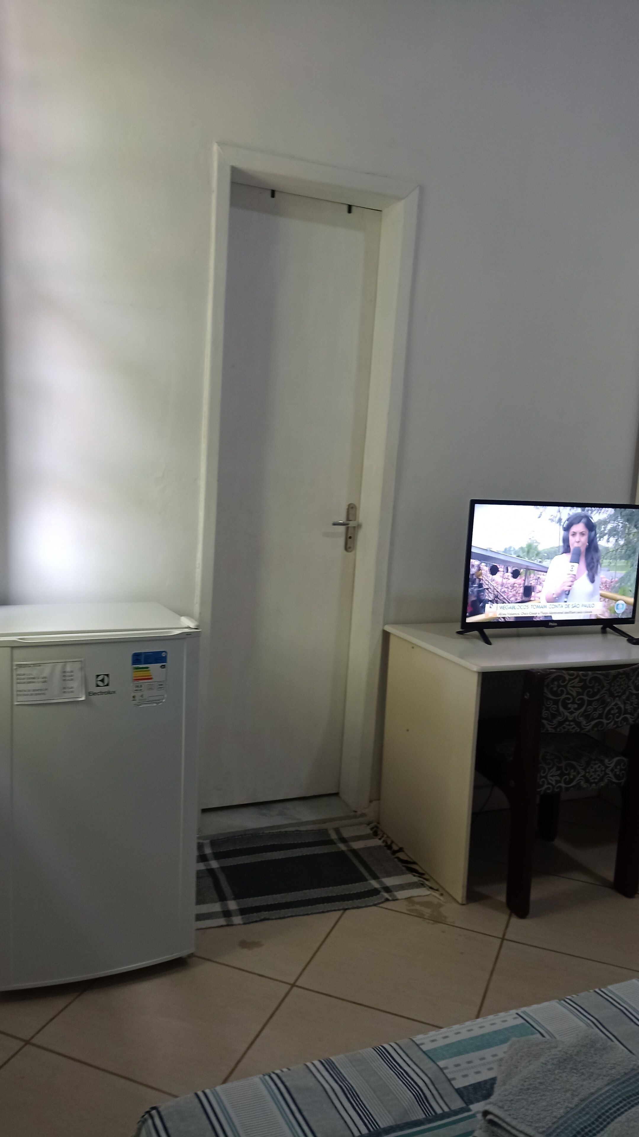 Een kleine, eenvoudig ingerichte kamer met een witte deur, een kleine koelkast, een televisie op een standaard en een kamerkleed met dessin op de vloer.
