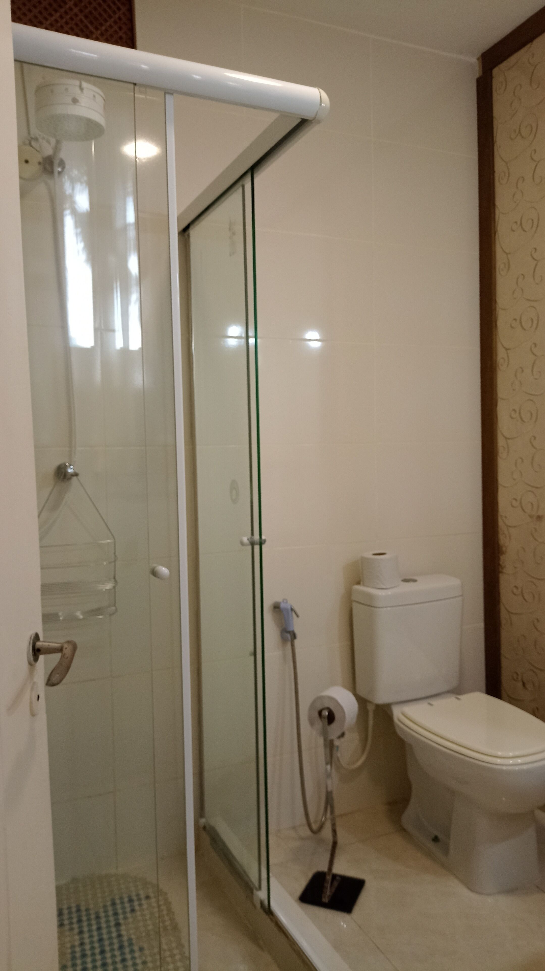 Un baño con ducha acristalada, inodoro y dispensador de toallas de papel.