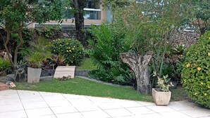 A landscaped garden with various plants, a wooden bench, and a stone wall. - Mansão de Pirah  (Niteroi)