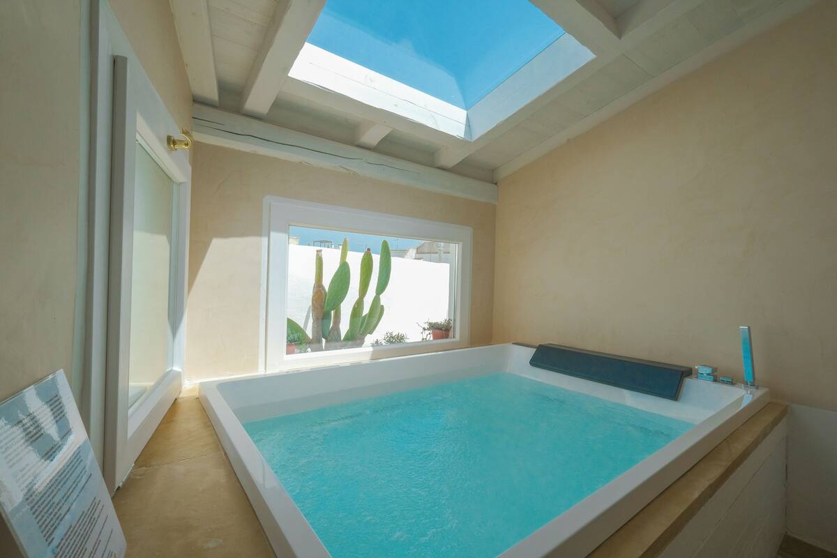 A sunlit room with a skylight, a window with plants, and a built-in bathtub.