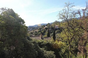 A view of a hillside village with traditional architecture, dense greenery, and a clear sky.