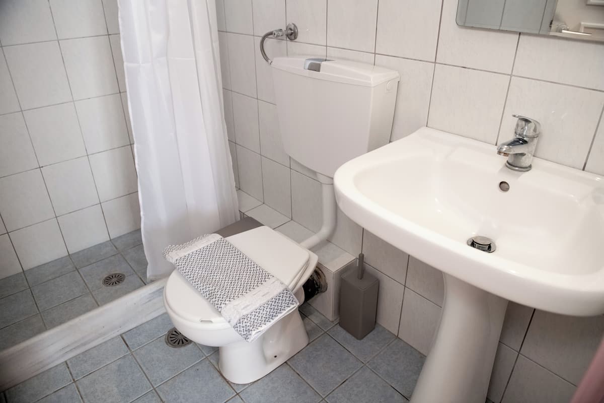 Une salle de bain comprenant des toilettes, un lavabo et un espace douche.