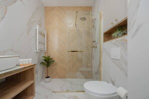 Douche, séchoir à cheveux, serviettes fournies, shampooing