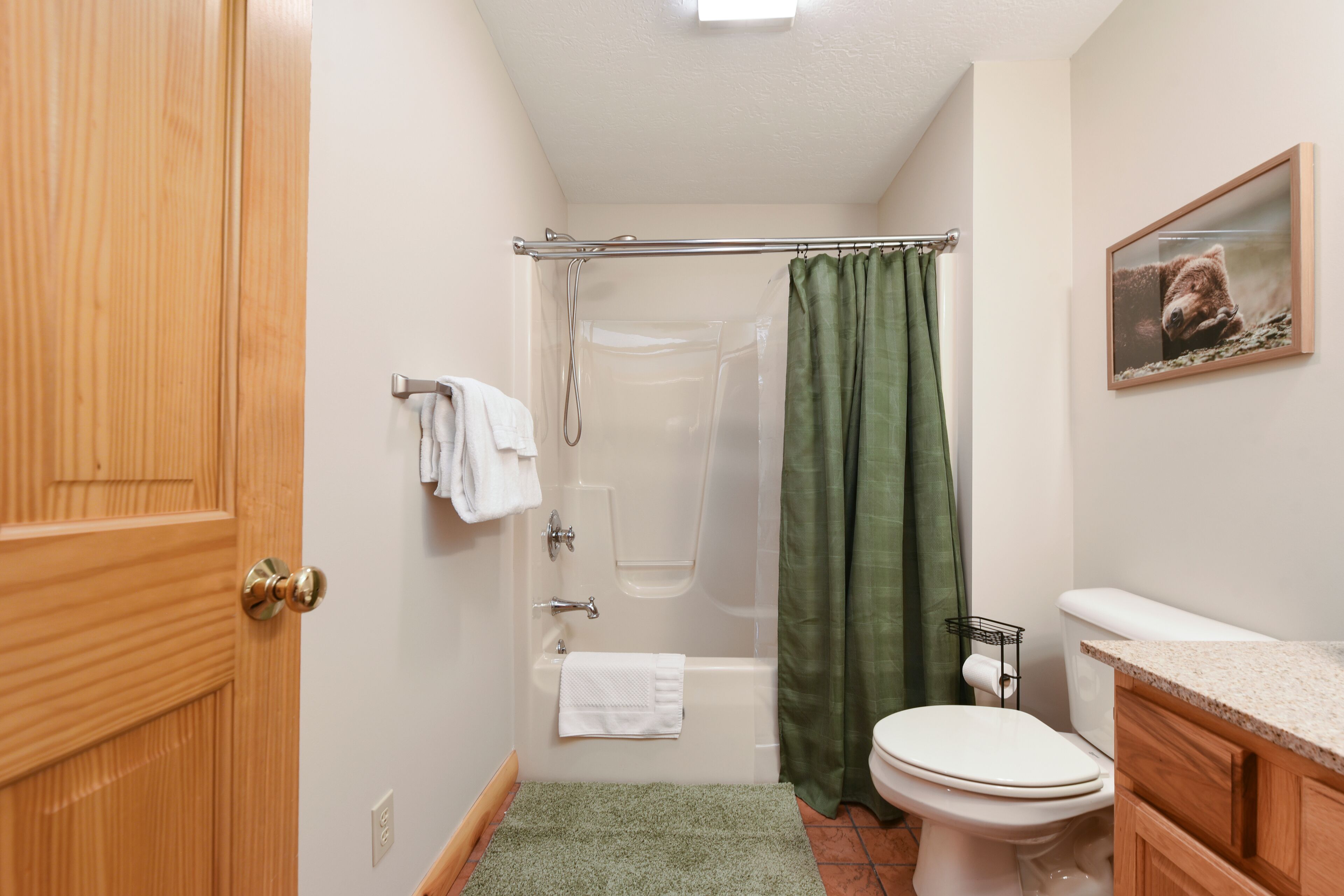 A bathroom with a wooden door, a bathtub, a shower, a toilet, and a green shower curtain.