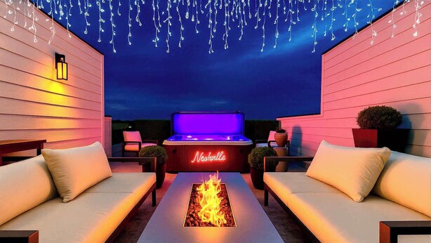 Une terrasse extérieure dotée d’un jacuzzi, d’un foyer et de plusieurs espaces pour s’asseoir.