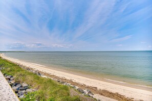 A beach with a clear sky and calm water.