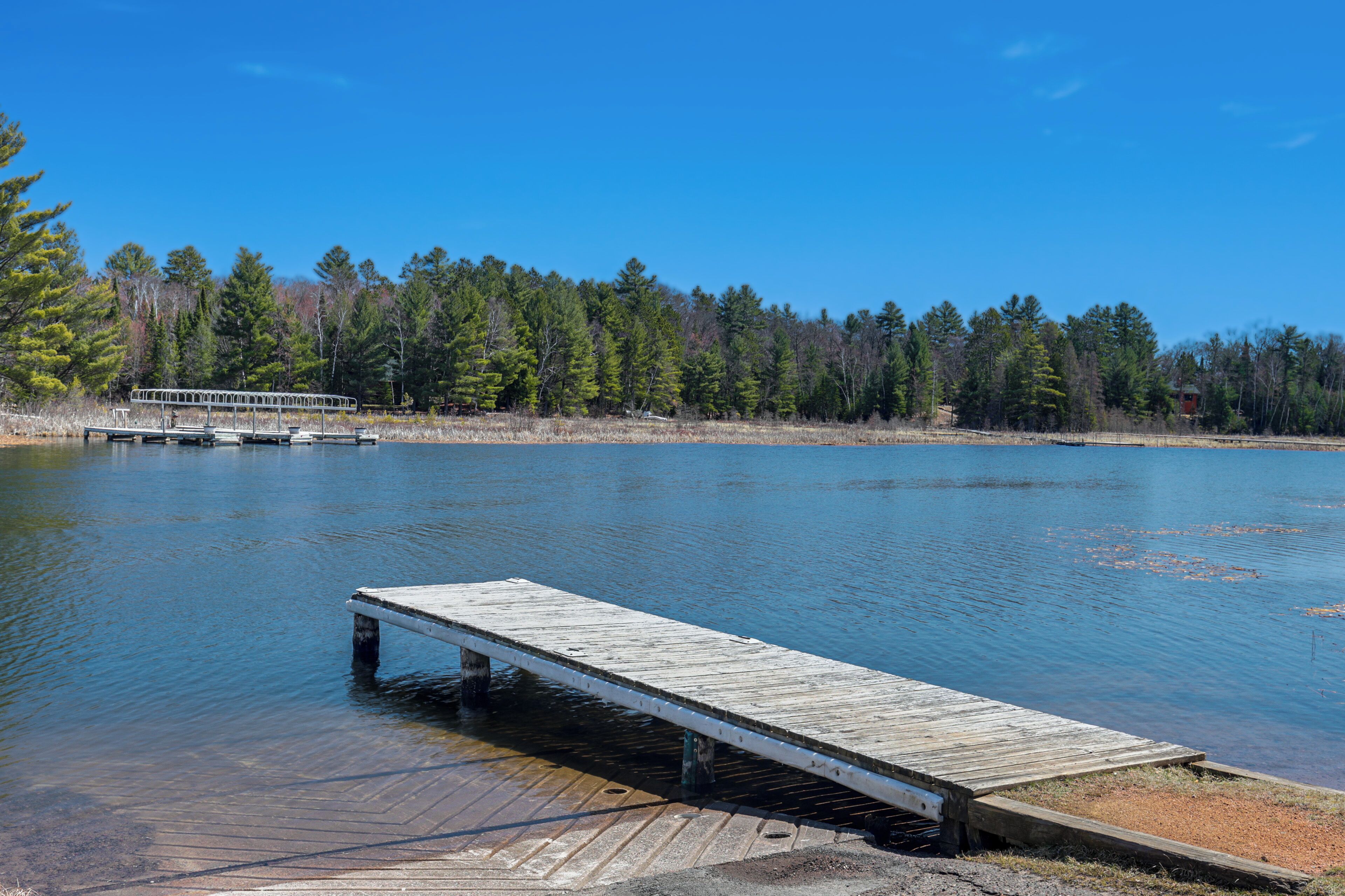 A wooden dock extending into a calm lake, surrounded by dense forest.