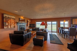 Smart TV, fireplace, books