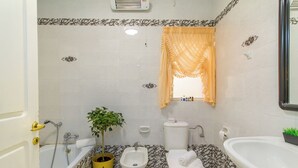 Un baño con bañera, bidé, inodoro, lavamanos y una planta en maceta.