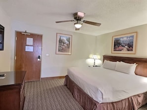 Habitación de hotel con una cama, un escritorio, un ventilador de techo y dos cuadros en la pared.