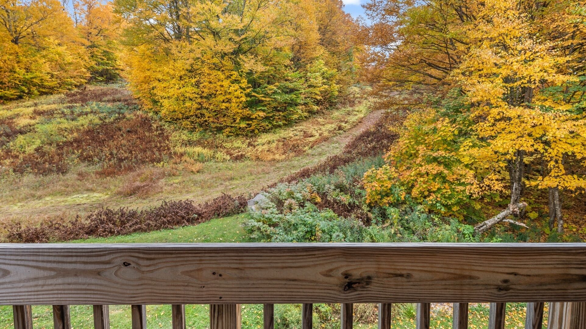 Una terraza de madera con vistas a una ladera cubierta de follaje otoñal.