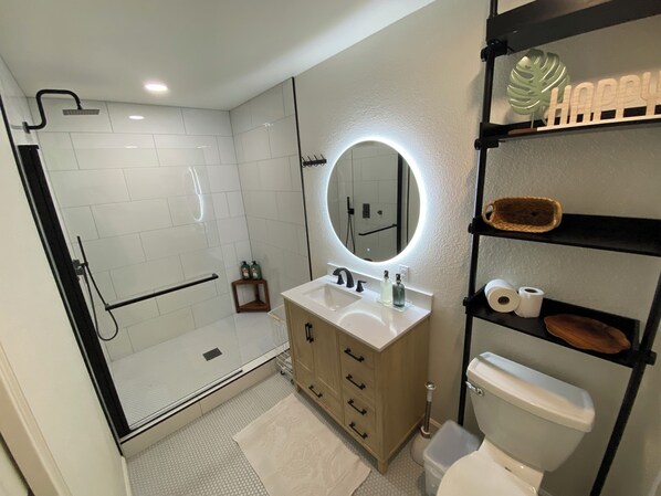 Hair dryer, towels, soap, shampoo