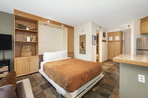 Ein gemütliches Schlafzimmer mit Bett, Regalen, Fernseher und einer Küchenzeile.