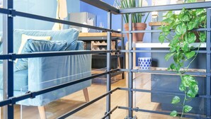Una habitación con un sofá azul, una estantería metálica con plantas y una pared azul.