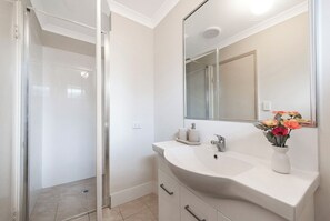 Une salle de bain avec une porte de douche en verre, un lavabo blanc avec un miroir au-dessus, et un vase avec des fleurs posé sur le plan du lavabo.