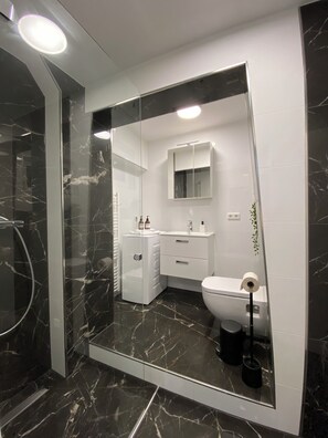 Une salle de bain moderne avec une douche à parois de verre, un lavabo blanc et des toilettes.