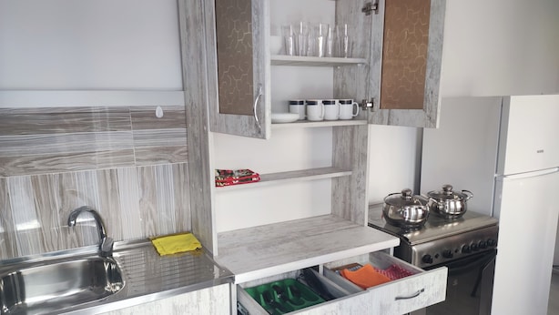 Une cuisine moderne équipée d’un évier en acier inoxydable, d’une cuisinière et d’un réfrigérateur.