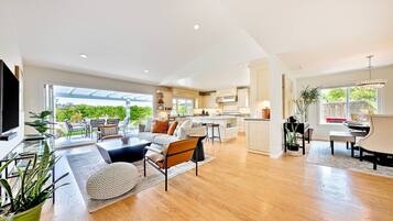 Smart TV, fireplace, books