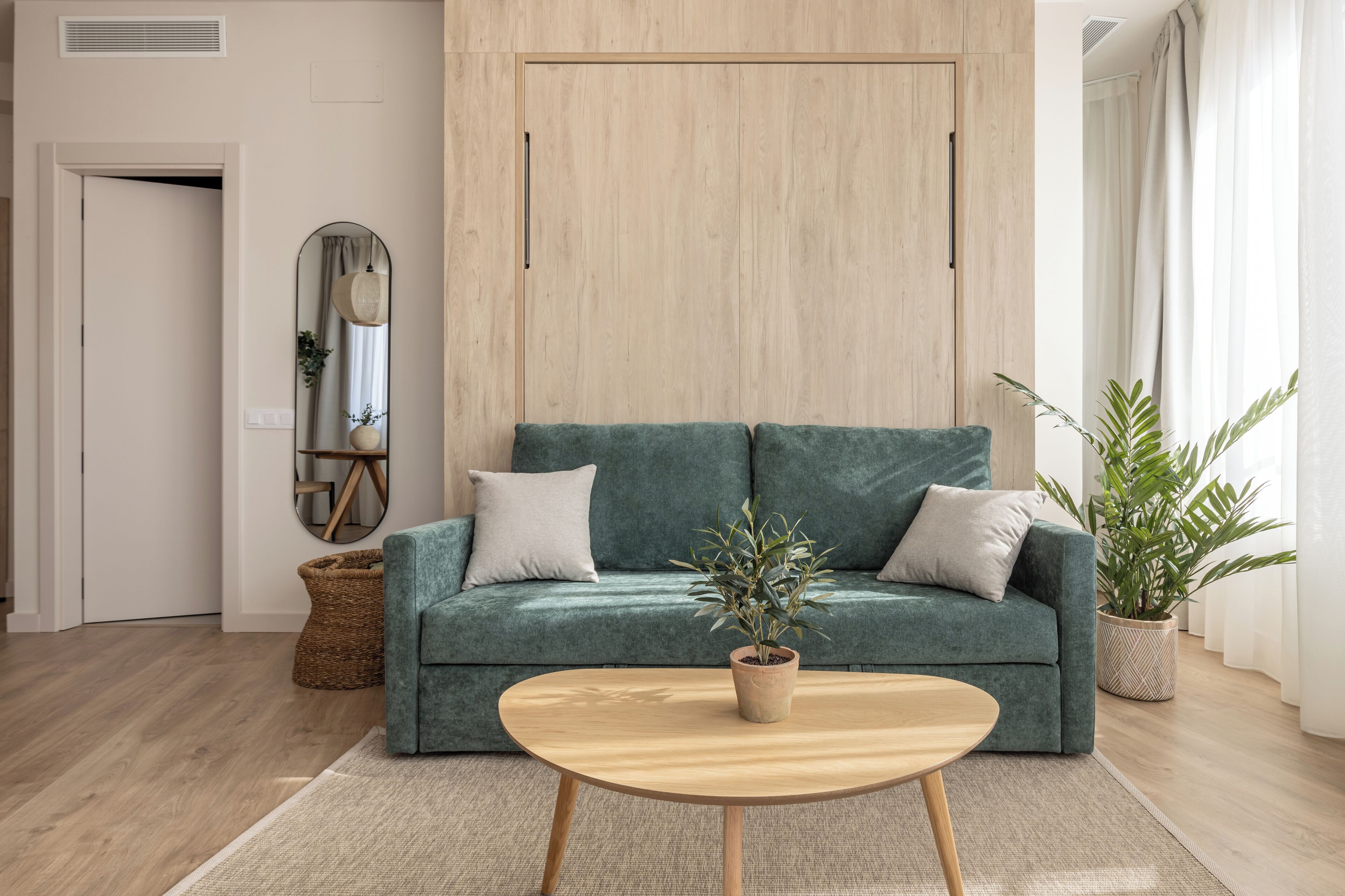 A living room with a green sofa, a wooden coffee table, and a potted plant.