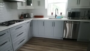 A modern kitchen with white cabinets, a stainless steel dishwasher, and a gas stove.