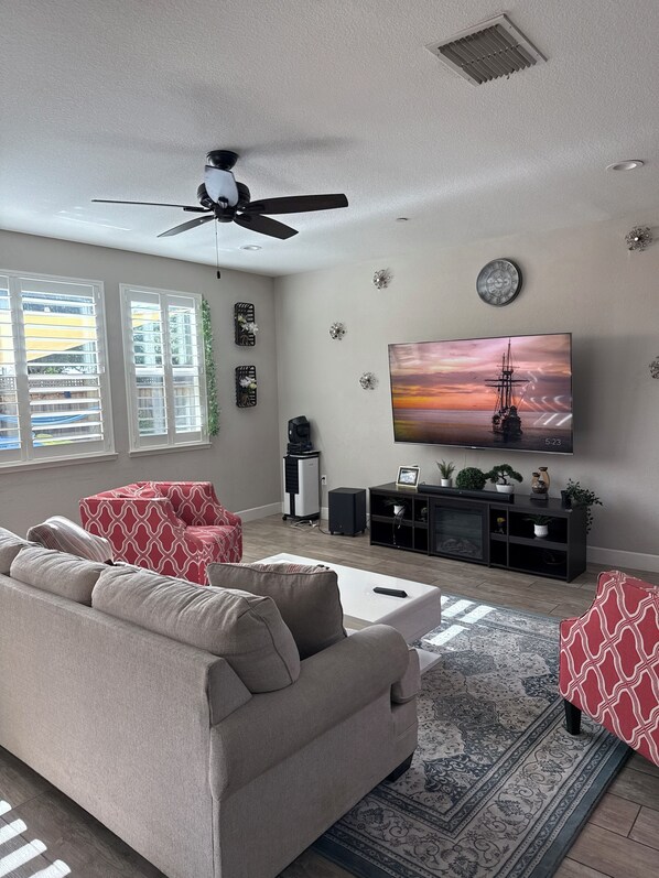 Smart TV, fireplace, video games