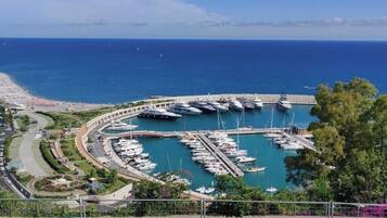 Un puerto deportivo con barcos amarrados, rodeado de vegetación y una vista despejada del mar.