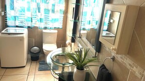 Een moderne badkamer met een wasmachine, toilet, glazen wastafel en een potplant.