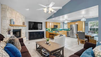 Smart TV, fireplace, video games, books