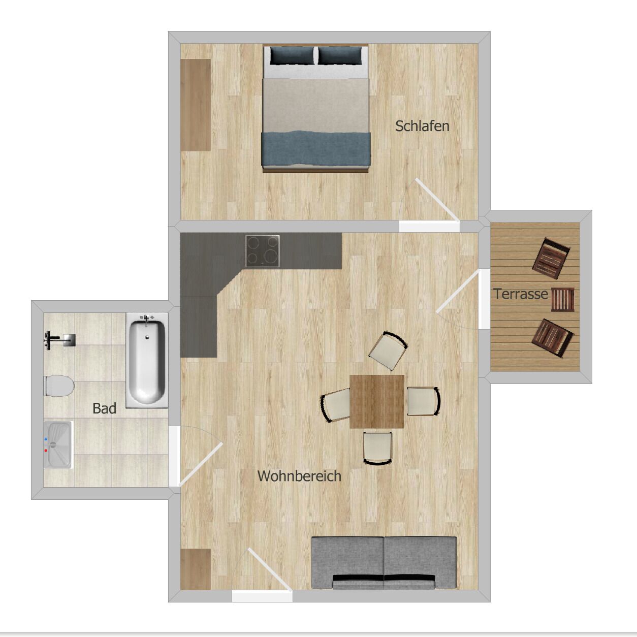A 2-bedroom apartment layout with a living room, dining area, kitchen, bathroom, and terrace.