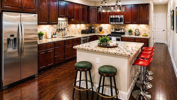 A modern kitchen with dark wood cabinets, stainless steel appliances, granite countertops, and a central island with bar stools.