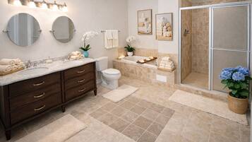 Shower, jetted tub, hair dryer, towels