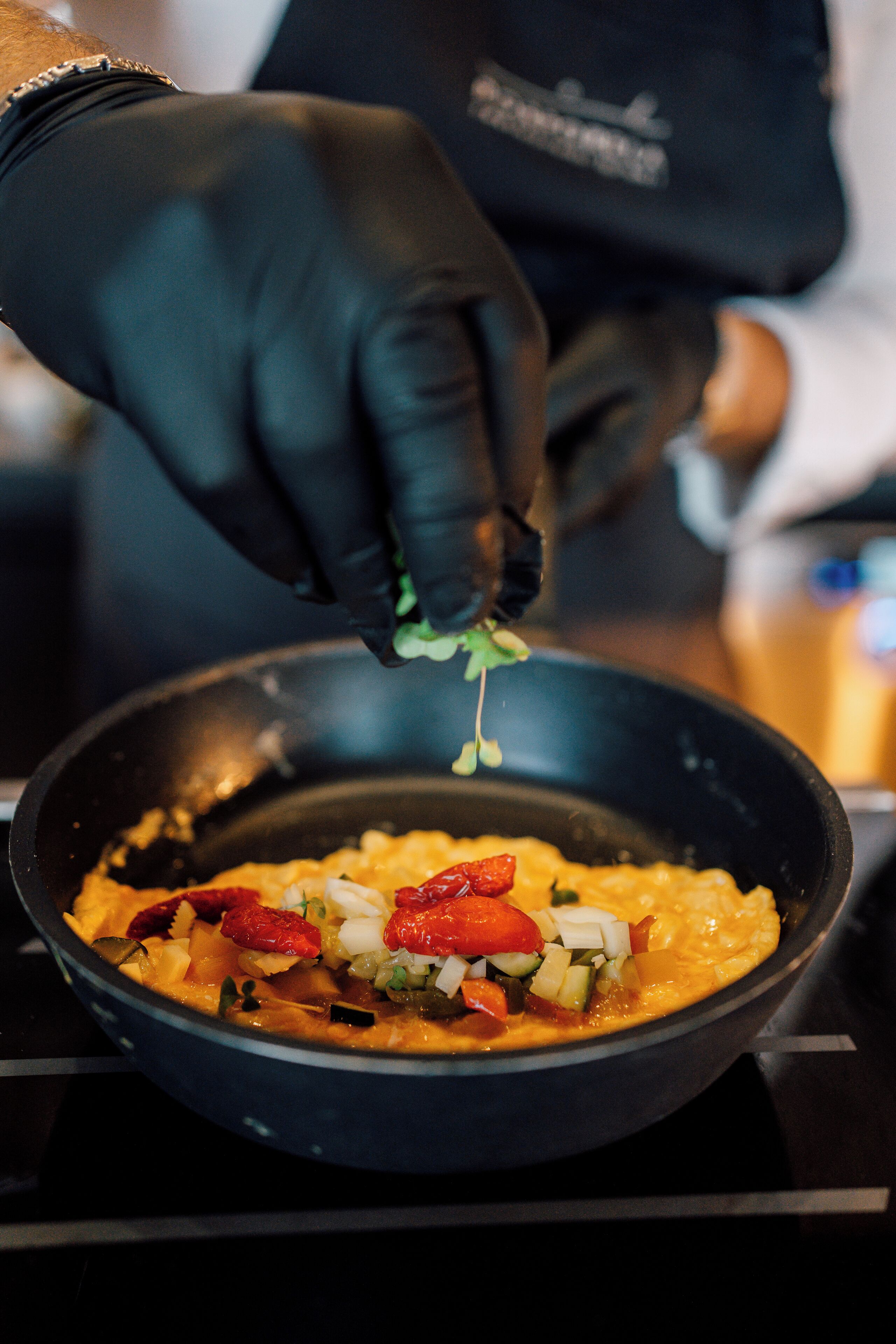 A person cooking in a pan with vegetables and eggs.