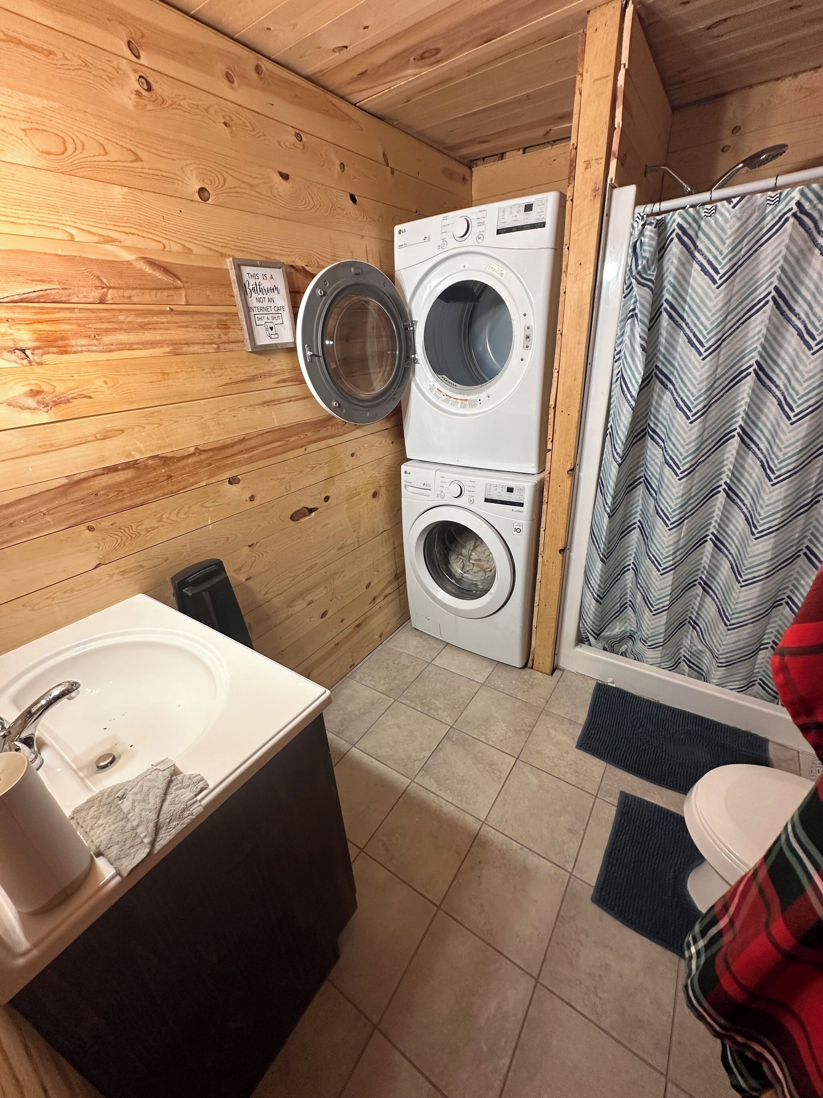 Shower, towels, toilet paper