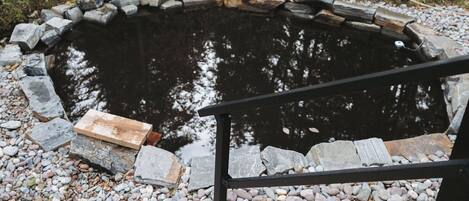Natural spring fed cold plunge hovers between 33-45F depending on the season.