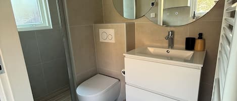 Shower, hair dryer, toilet paper